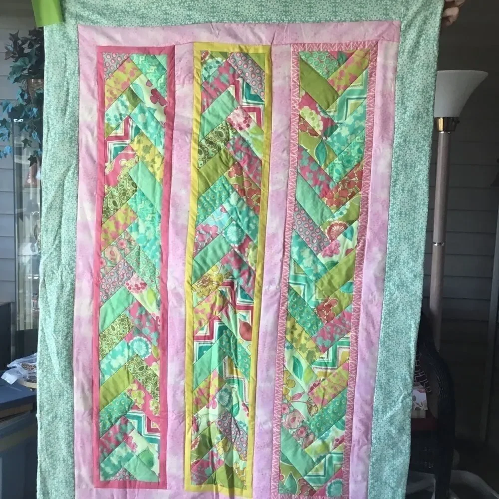 Handmade Quilt. Spring Pinks and Greens Braided